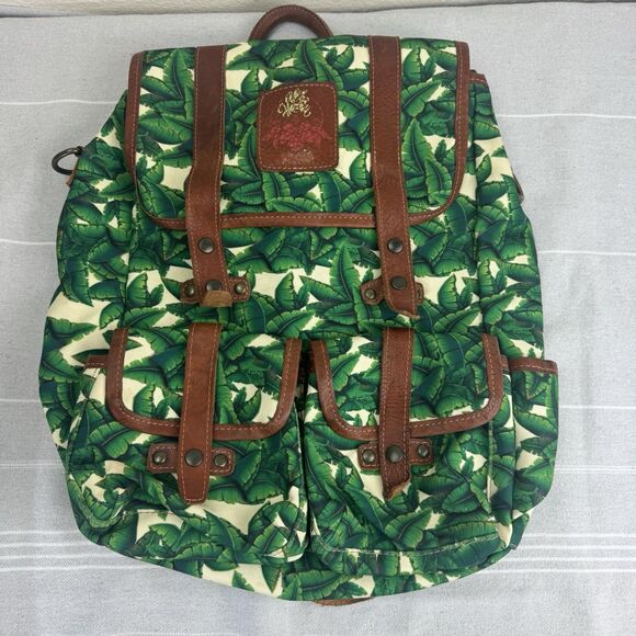 Tropical Banana Palm Leaf Canvas Leather Safari Backpack Bag Medium Green Brown main image 8